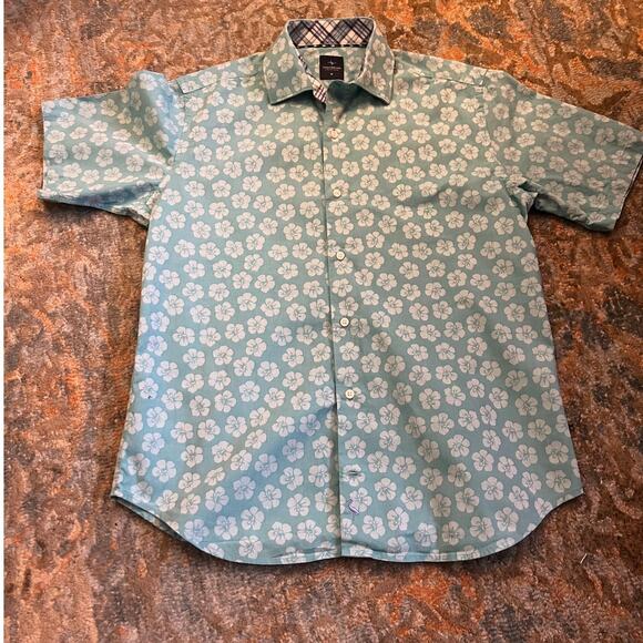 TailorByrd Men’s Short Sleeve Teal Floral Button Up Shirt, M - Picture 1 of 4